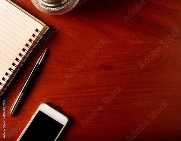 Fototapeta デスクに置かれたスマホとノートとペン