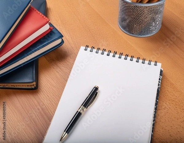 Fototapeta 開かれたノートと積まれた本