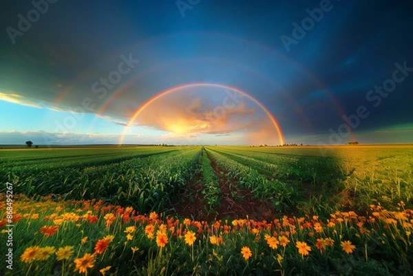 Fototapeta Rainbow arcing over a field after a summer rain