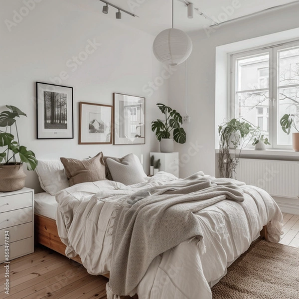 Fototapeta Cozy Scandinavian Bedroom with Plants and Minimalist Decor, AI Generation