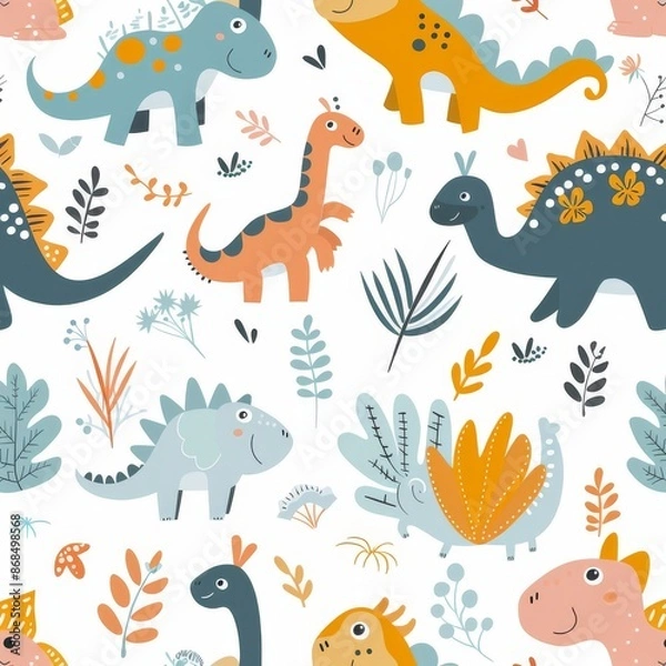 Fototapeta seamless pattern with different cute dinosaurs and twigs on a white background, For children postcards, textiles, covers, wallpapers, design, decor, wrapping paper, clothing