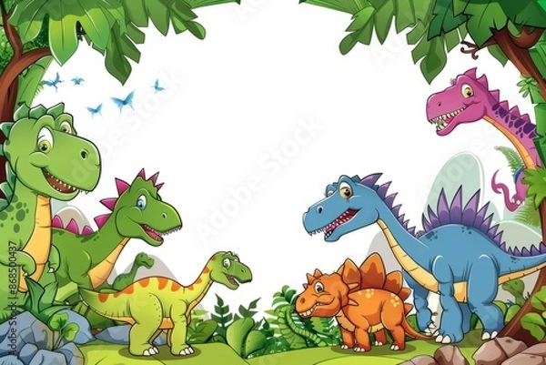 Fototapeta Cute cartoon dinosaur themed party with blank space at center, dinosaur toy for childhood children with space