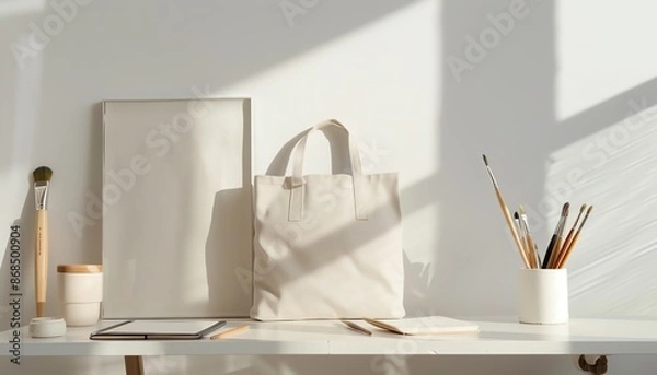 Fototapeta A stylish tote bag sits on a desk next to a blank frame, a cup, and a pencil