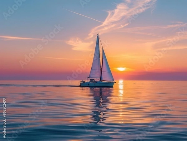 Fototapeta serene sailboat gliding across calm ocean at golden hour billowing white sails catch warm sunset light creating a romantic silhouette against vibrant sky