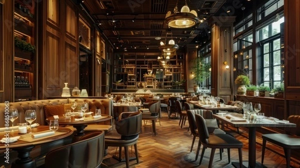 Obraz upscale restaurant with artistic wooden cladding and elegant ambiance