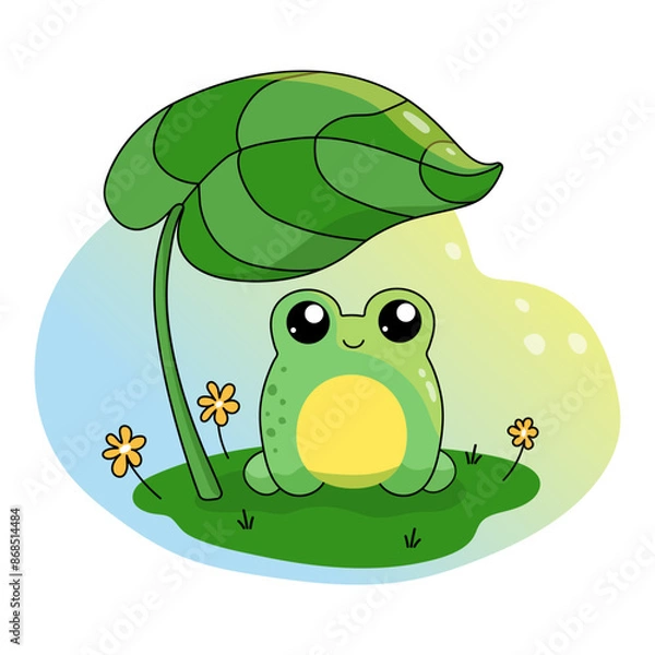 Fototapeta Cute smiling frog baby under a leaf. Kawaii character. A wonderful color illustration in a cartoon style for print design, kids wear, book design and postcards.