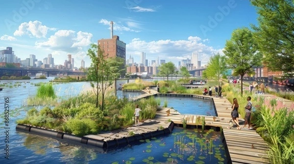Fototapeta An urban waterfront redesigned with floating gardens and pedestrian-friendly boardwalks.