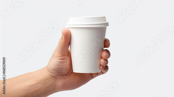Obraz Isolated on a white background, close-up of hand clutching paper cup