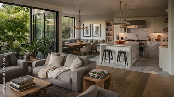 Obraz A cozy modern home decorated with a blend of minimalist and rustic elements. The living room features a plush grey couch, a woodencoffee table with a stack of books.