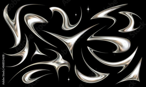 Fototapeta Set of neotribal metallic elements. Tattoo style chrome vector illustrations.