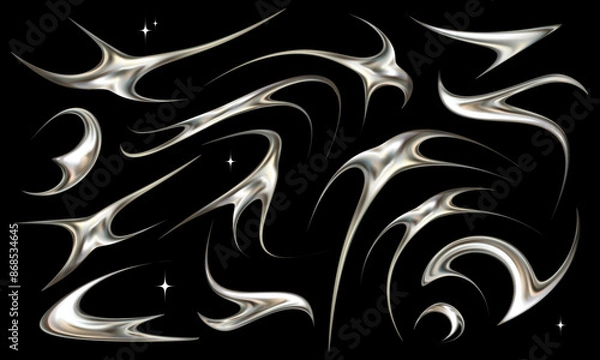 Fototapeta Set of neotribal metallic elements. Tattoo style chrome vector illustrations.