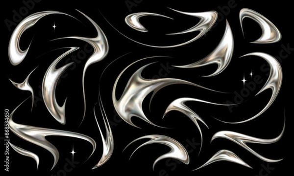Fototapeta Set of neotribal metallic elements. Tattoo style chrome vector illustrations.