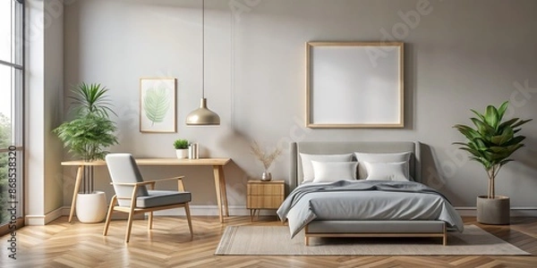 Fototapeta Landscape mock up frame in bedroom with chair and table, render, landscape, mock up, frame, bedroom, chair, table