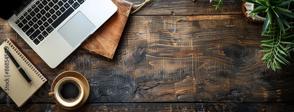 Obraz Top view flat lay photo banner mockup of office working desk with laptop computer note book and pens with space for text editing in rustic wooden table top background    