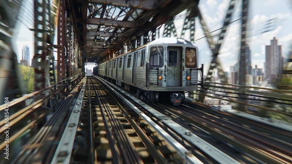 Fototapeta Blurred image of a metro speeding on its way to a destination in the city.