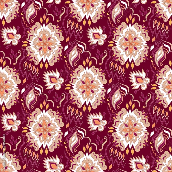 Fototapeta Floral colorful seamless texture on dark red.