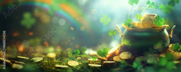 Fototapeta A pot of gold surrounded by coins and clovers, under a vibrant rainbow and bokeh light effects.