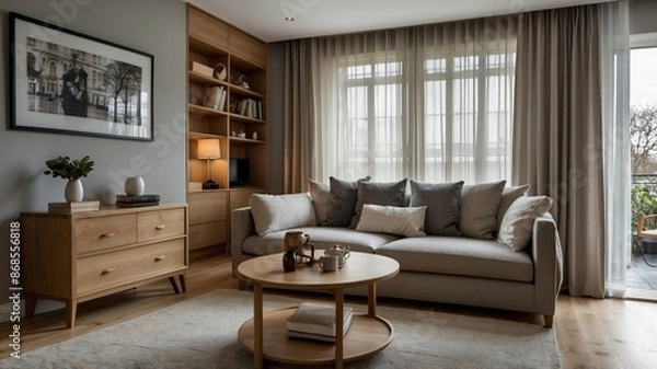 Fototapeta Interior of light living room with grey sofas, coffee table and large window