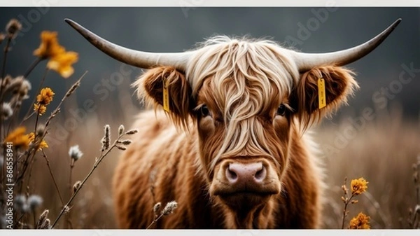 Fototapeta A highland cow with a shaggy coat and long horns stands in a field, surrounded by yellow flowers on a cloudy day.