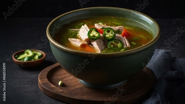 Obraz A bowl of spicy chicken soup with green peppers and assorted vegetables, perfect for a warming meal.