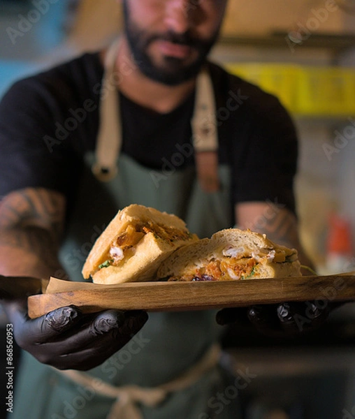 Obraz Chef Presenting a Delicious Sandwich on a Wooden Tray