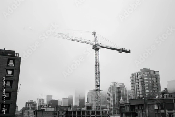 Fototapeta A towering construction crane, silhouetted against the backdrop of a bustling city skyline at dusk, symbolizing urban development and progress in a modern metropolis