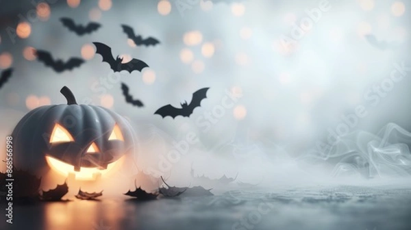 Fototapeta Fog-filled Halloween party, bats swirling around spooky decorations, eerie lighting and cobwebs, large copy space on one side