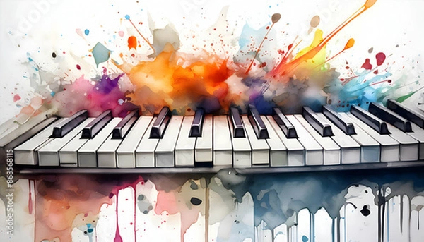 Fototapeta Abstract colorful piano keyboard on watercolor illustration painting background on Generative AI.