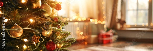 Fototapeta Cozy Indoor Christmas Tree Decoration with Festive Vibes and Copyspace for Greetings or Invitations