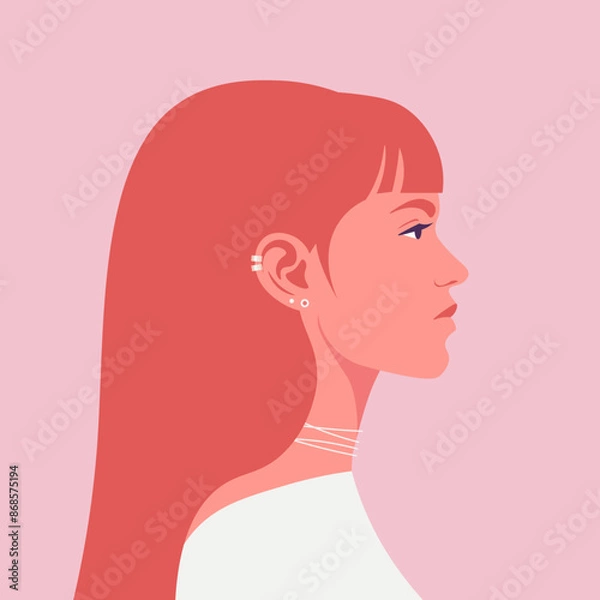 Fototapeta A profile of a red-haired young woman with piercing. Side view. Fashion model. Vector flat illustration