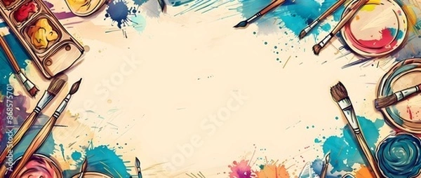 Fototapeta Vibrant Plaid and Art Tool Doodle Pattern Border Design for Mockup or Background with Blank Space