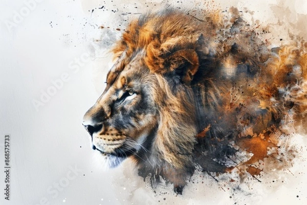 Fototapeta A lion sitting on a plain white background, with no distractions or additional elements