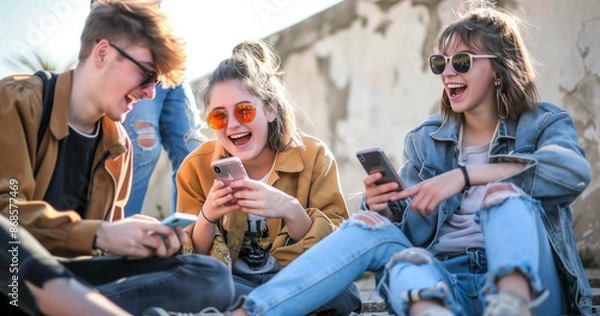 Fototapeta group of Young people playing with mobile phones in the park
