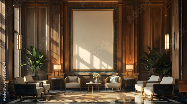 Obraz Art Deco extravagant and premium interior design hotel lobby with chairs, sofa and empty poster mockup on the wall