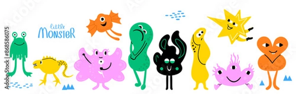 Fototapeta Fantastic monsters.Funny funny abstract creatures with different emotions.Colorful hand drawn vector illustration isolated on white background