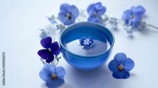 Fototapeta A luxurious image of a blue pea flower tea panna cotta, with its vibrant blue color and creamy texture, set against a minimalistic white background with soft, ambient lighting