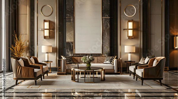 Obraz Art Deco extravagant and premium interior design hotel lobby with chairs, sofa and empty poster mockup on the wall