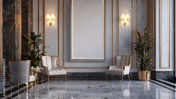 Obraz Art Deco extravagant and premium interior design hotel lobby with chairs, sofa and empty poster mockup on the wall