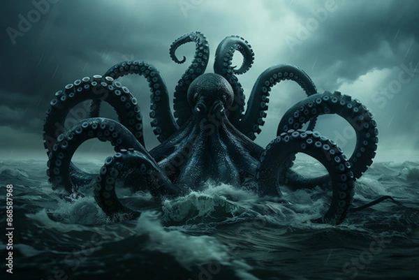 Fototapeta Giant sea monster with tentacles and scales, rising from turbulent waters, stormy skies, dramatic and menacing, Fantasy, Photorealistic