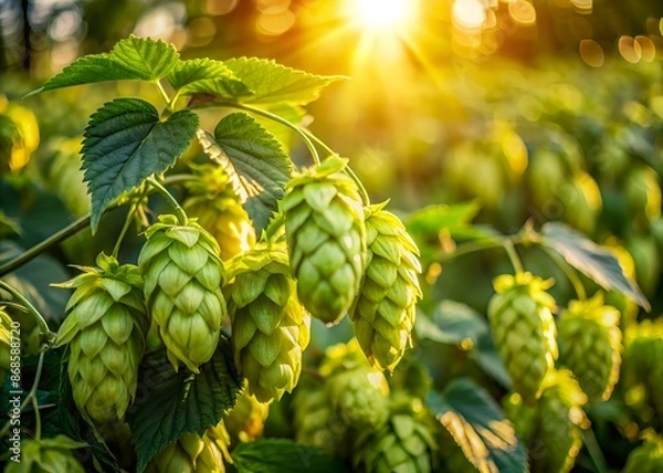 Fototapeta Vibrant green hop cones bursting with freshness sway gently in a sun-drenched agricultural field, backlit by warm light, surrounded by lush foliage and earthy tones.