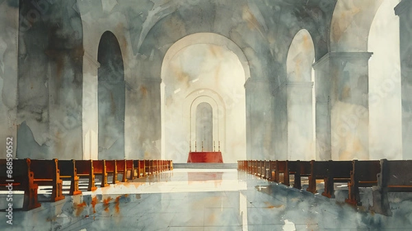 Obraz Mary kneeling and looking at the cross in the sky. Digital watercolor painting.
