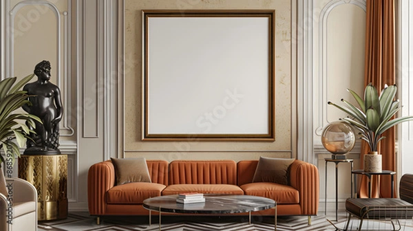 Fototapeta Art Deco extravagant and premium interior design living room, dining room with empty poster mockup on the wall