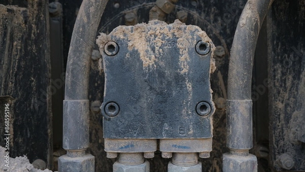 Fototapeta Mechanical parts.  Dirty mechanical components. Parts of an engine that resemble an insect.