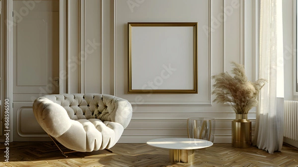 Obraz Art Deco extravagant and premium interior design living room, dining room with empty poster mockup on the wall