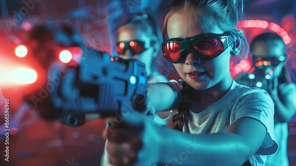 Fototapeta Kids playing Laser Tag. Poster with copy space.