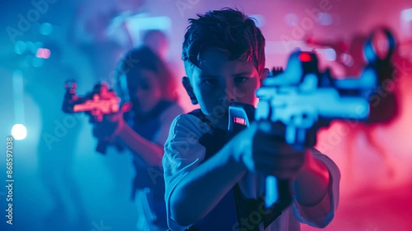 Fototapeta Kids playing Laser Tag. Poster with copy space.