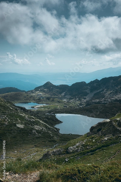 Fototapeta Two of the 7 Rila Lakes in the Rila Mountains. High angle view with beautiful scenery and cloudscape.