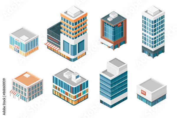 Obraz Isometric style modern building collection for urban environment vector illustration isolated on white background