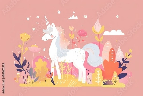 Fototapeta Isolated in pastel pink background, flat illustration style, with pony