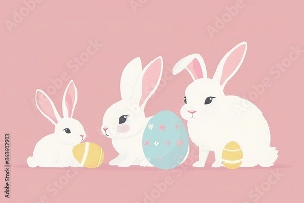 Fototapeta Isolated in pastel pink background, flat illustration style, with easter rabbits
